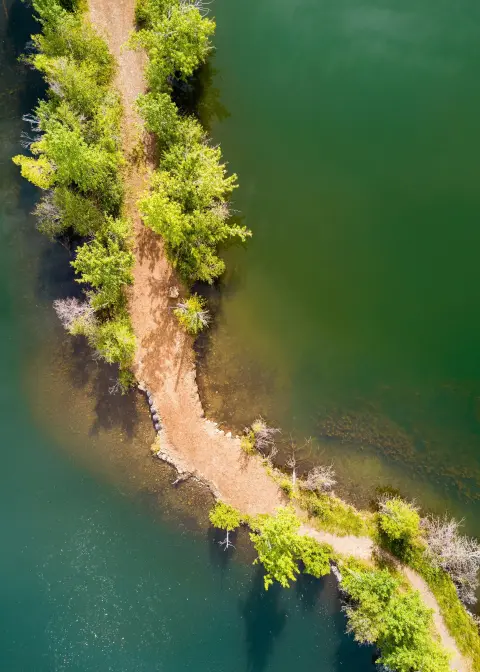 Winding dirt path lined with green trees cutting through deep emerald water.