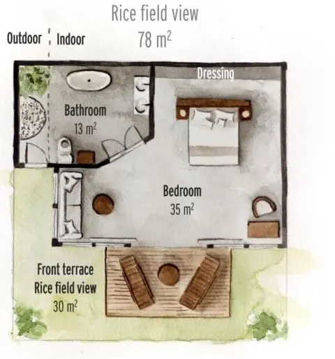 Hand-drawn floor plan of a 78 square meter villa with a rice field view.