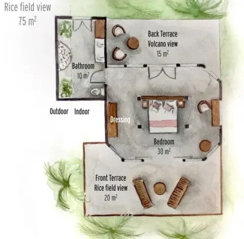 Hand-drawn watercolor floor plan of a Joglo Room at Puri Dajuma Terrace featuring a bedroom, dressing area, and two terraces with rice field and volcano views.